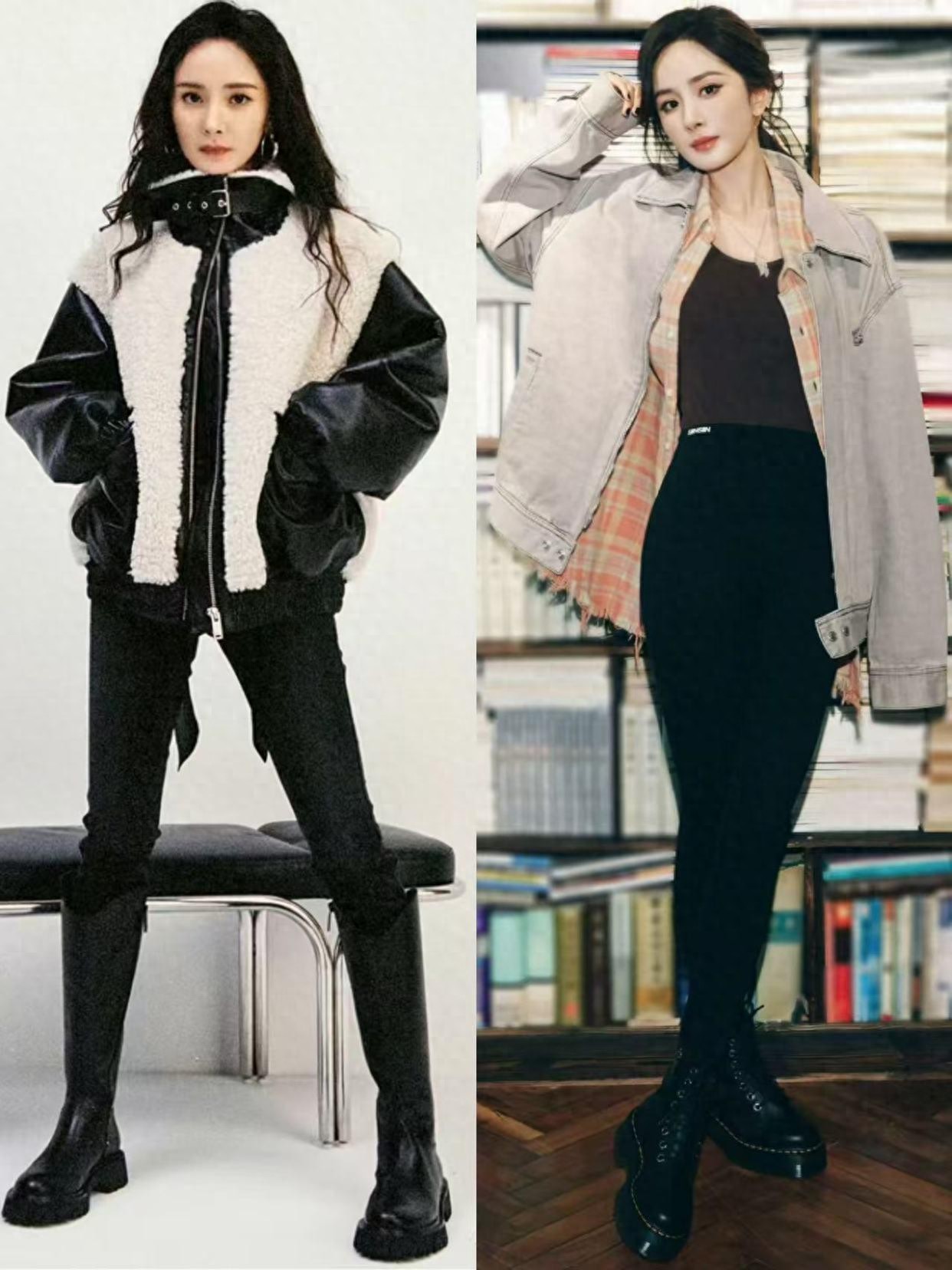杨幂时尚搭配技巧_长靴女明星_冬季穿搭短外套修身长裤长筒靴
